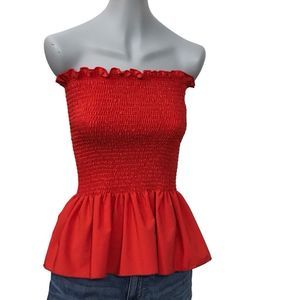 Red Peplum Ruffle Smocked Strapless Top Shirt Blouse Size 6